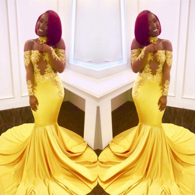 Off-the-shoulder yellow prom dress, mermaid long evening gowns-showprettydress