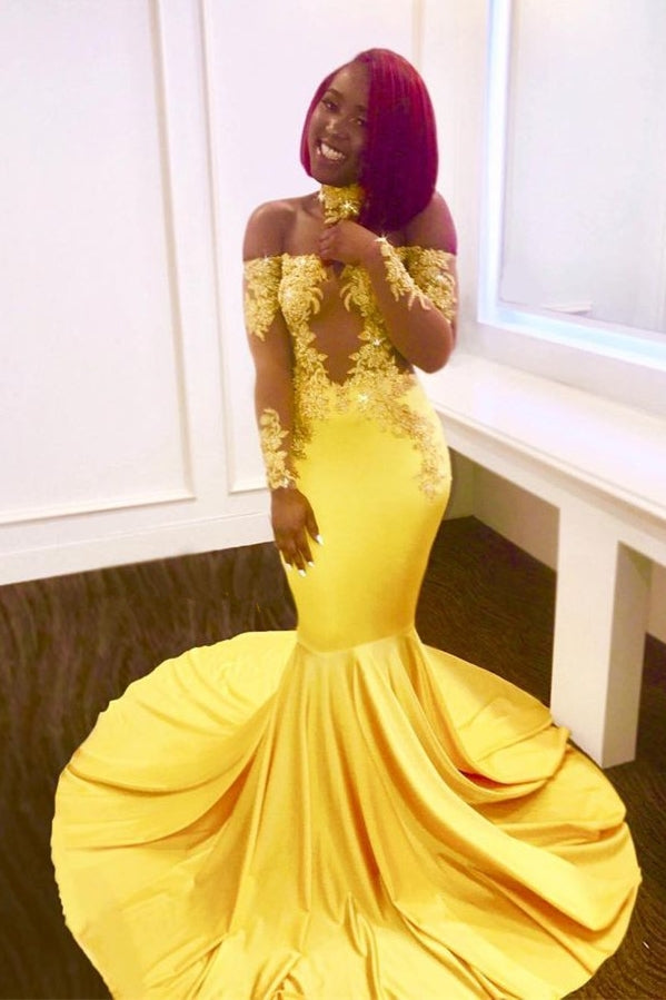 Off-the-shoulder yellow prom dress, mermaid long evening gowns-showprettydress