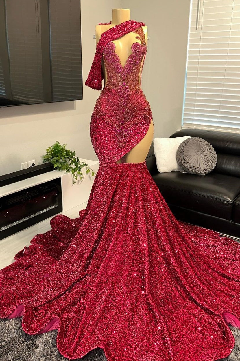 One shoulder Burgundy Sequin Prom Dresses with cutout-showprettydress
