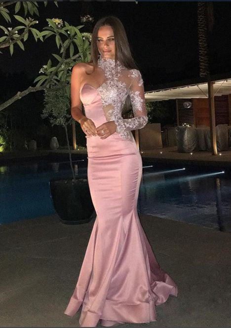 One-Shoulder Gorgeous High-Neck Mermaid Lace Evening Dress-showprettydress