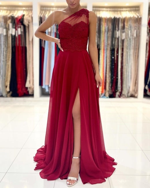 One Shoulder Red Prom Dress Floor Length Sleeveless Maxi Dress with Front Slit-showprettydress