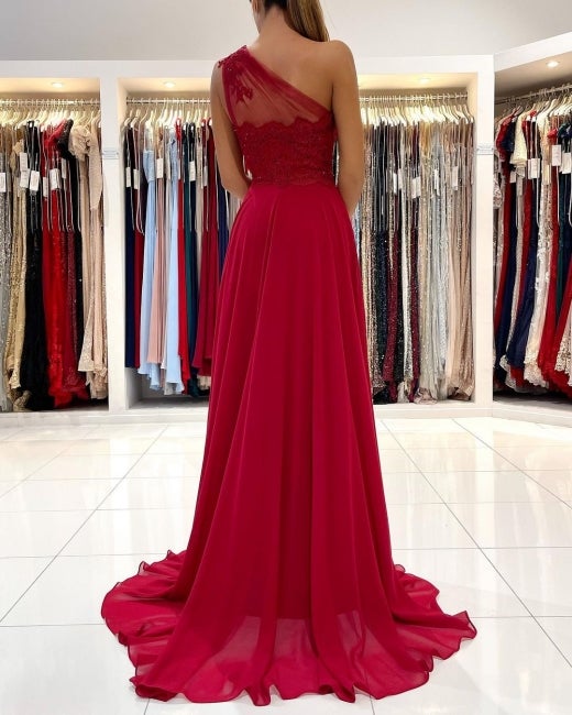 One Shoulder Red Prom Dress Floor Length Sleeveless Maxi Dress with Front Slit-showprettydress
