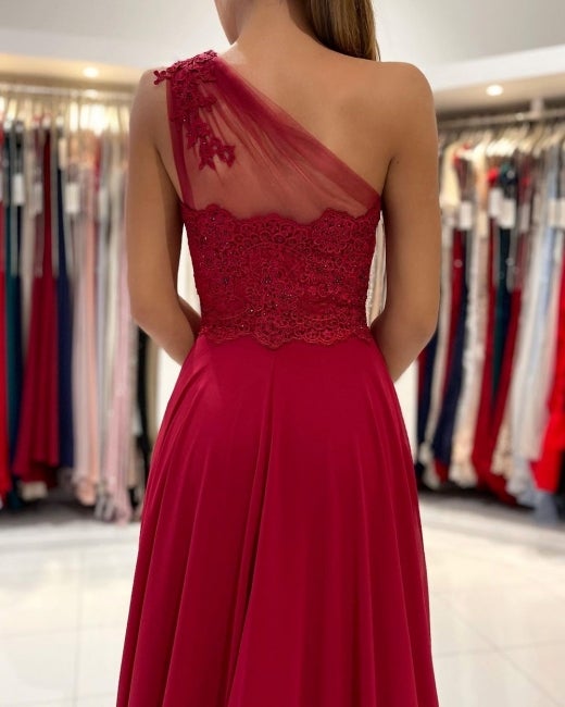 One Shoulder Red Prom Dress Floor Length Sleeveless Maxi Dress with Front Slit-showprettydress