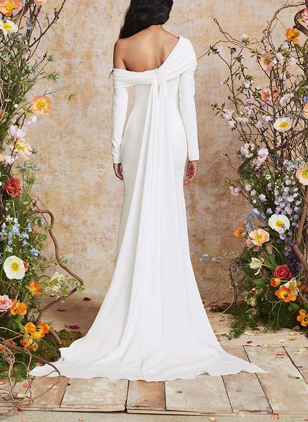 One-Shoulder Sheath Fitted Wedding Dress Long Sleeves Sweep Train-Showprettydress