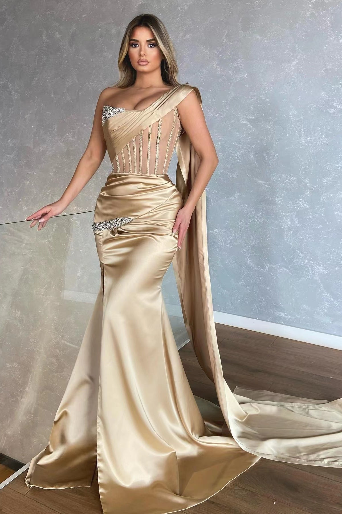 One Shoulder Sleeveless Mermaid Prom Dress with Slit Ruffles - Champagne-showprettydress