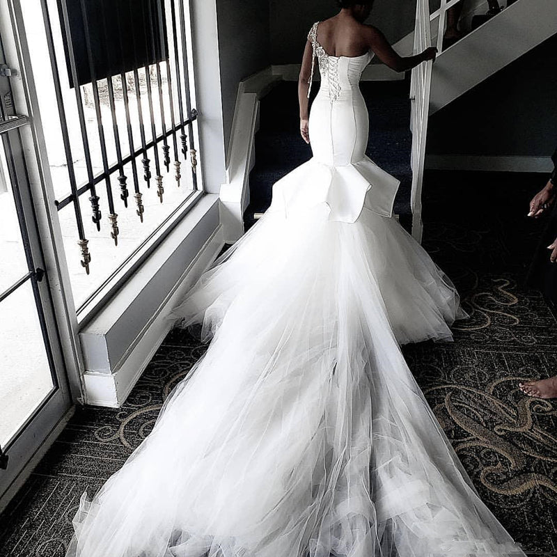 One shoulder White Mermaid Bridal Gowns with Ruffles Train-showprettydress