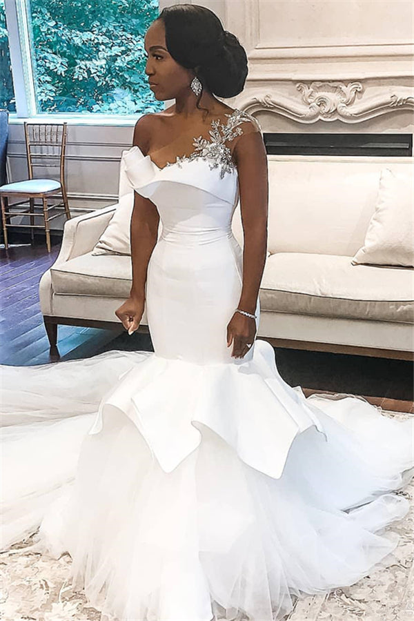 One shoulder White Mermaid Bridal Gowns with Ruffles Train-showprettydress