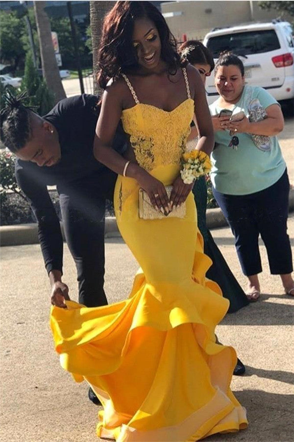 Open-Back Appliques Sleeveless Chic Stpaghetti-Straps Ruffles Mermaid Prom Dresses-showprettydress