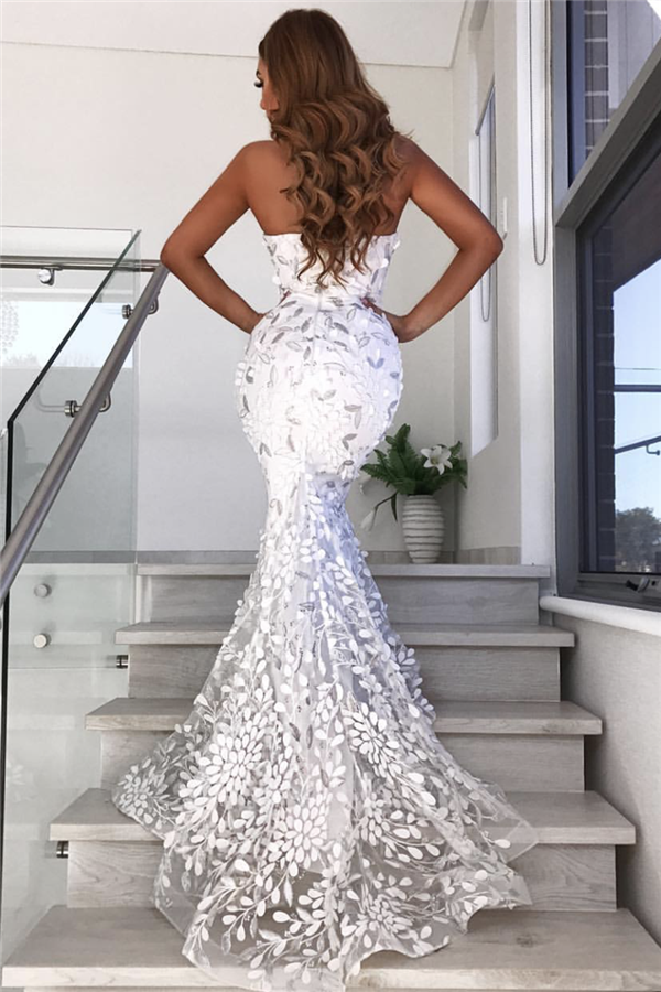 Open Back Leaf Appliques Chic Prom Dresses Mermaid Sweetheart Evening Dress-showprettydress