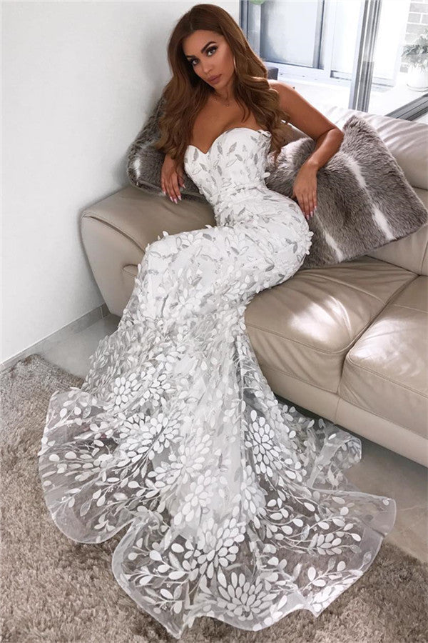 Open Back Leaf Appliques Chic Prom Dresses Mermaid Sweetheart Evening Dress-showprettydress