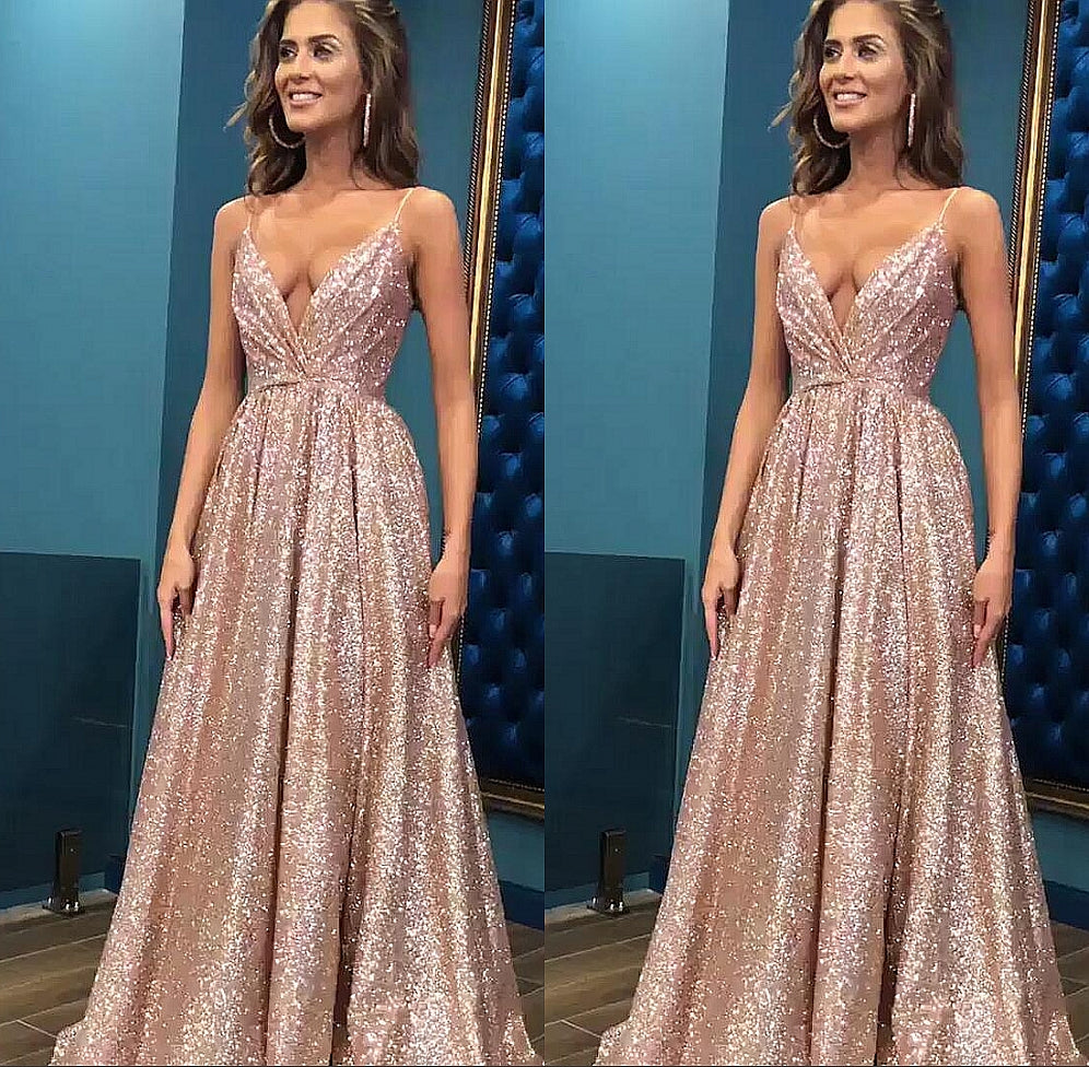 Open Back Sleeveless Chic Sequins Simple Spaghetti Straps Evening Dresses-showprettydress