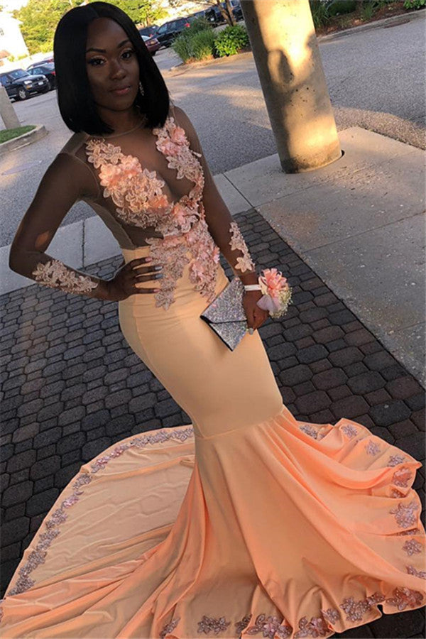 fitted lace wedding dress Long Sleeve Light Peach Open Back See Through Lace Cute Homecoming Pro –  SposaDresses