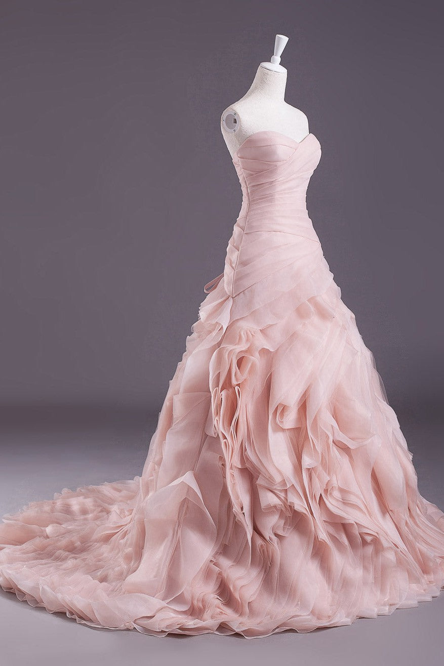 Pink A-Line Strapless Sweetheart Neck Tiered Sweep Wedding Gown-Showprettydress