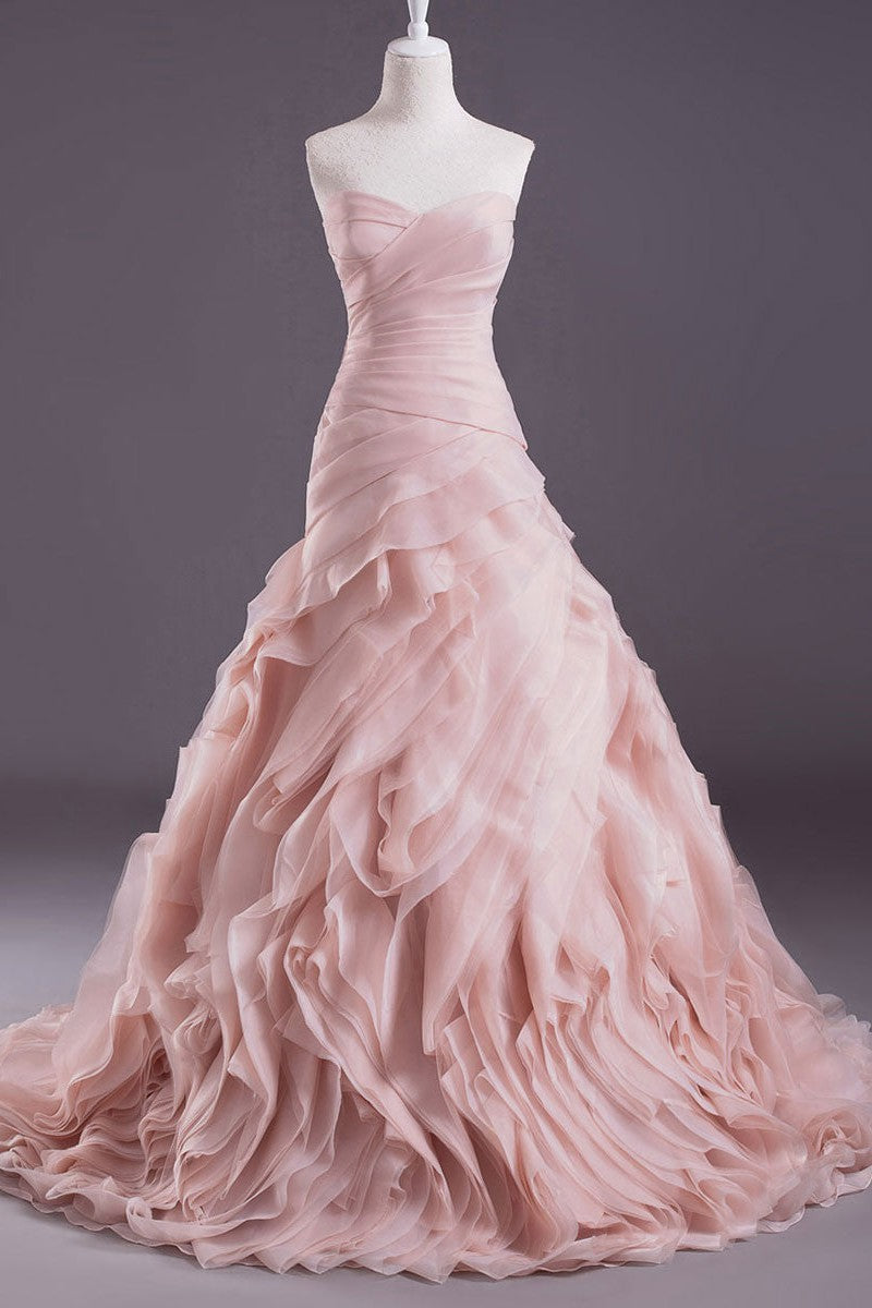 Pink A-Line Strapless Sweetheart Neck Tiered Sweep Wedding Gown-Showprettydress