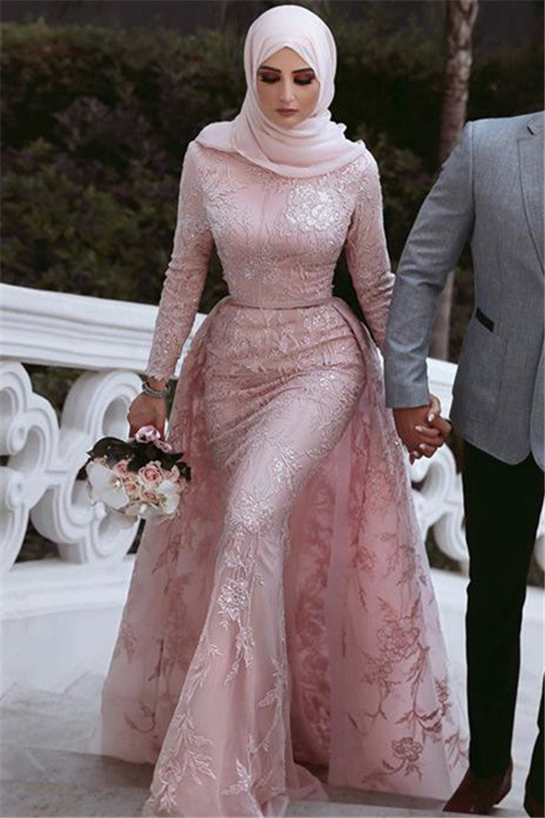 Pink Detachable Long-Sleeves Prom Dresses Appliques Lace Mermaid Evening Gowns-showprettydress