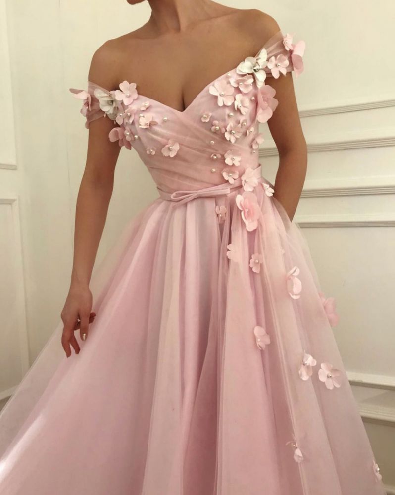 Pink Flowers A-Line Tulle Long Prom Party Gowns| Elegant Off-the-Shoulder Evening Gowns-showprettydress