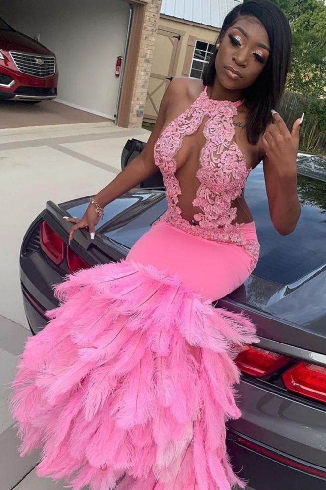 Pink Halter Mermaid Feather Prom Party GownsAppliques Evening Dressing-showprettydress