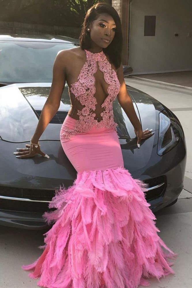 Pink Halter Mermaid Feather Prom Party GownsAppliques Evening Dressing-showprettydress