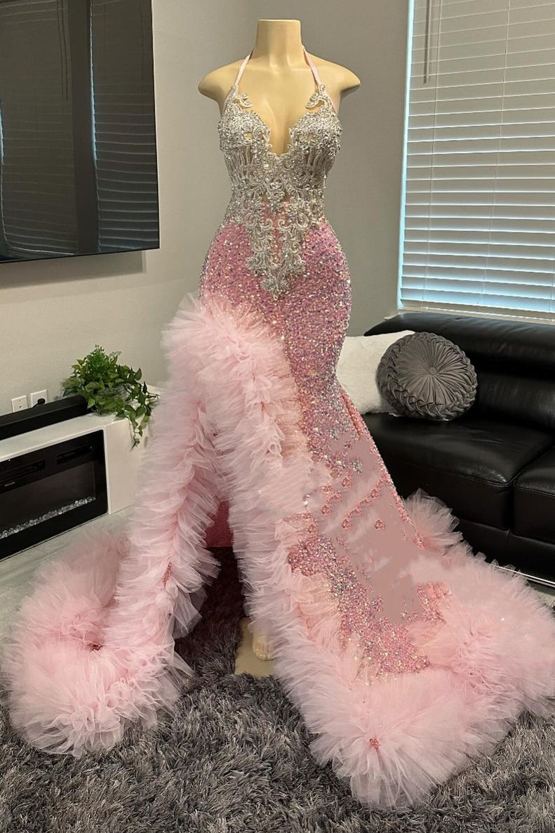 strapless open back dress Pink Halter Tulle Ruffles High Split Prom Dresses