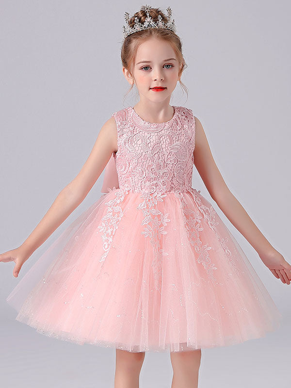 Pink Jewel Neck Lace Bows Formal Kids Pageant flower girl dresses Pink Jewel Neck Lace Bows Formal Kids Pageant flower girl dresses