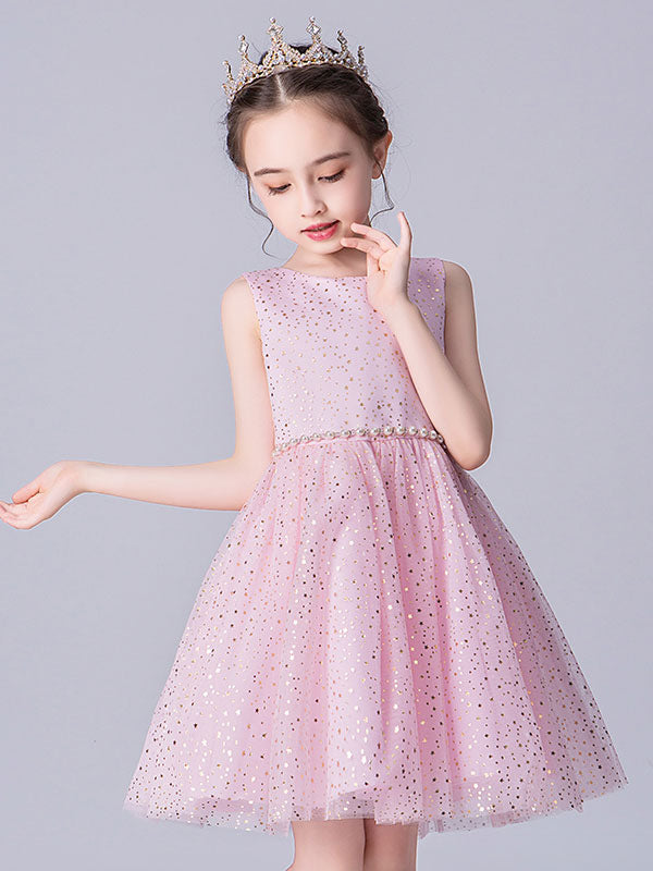 Pink Jewel Neck Tulle Sleeveless Short Pearls Formal Kids Pageant flower girl dresses-showprettydress