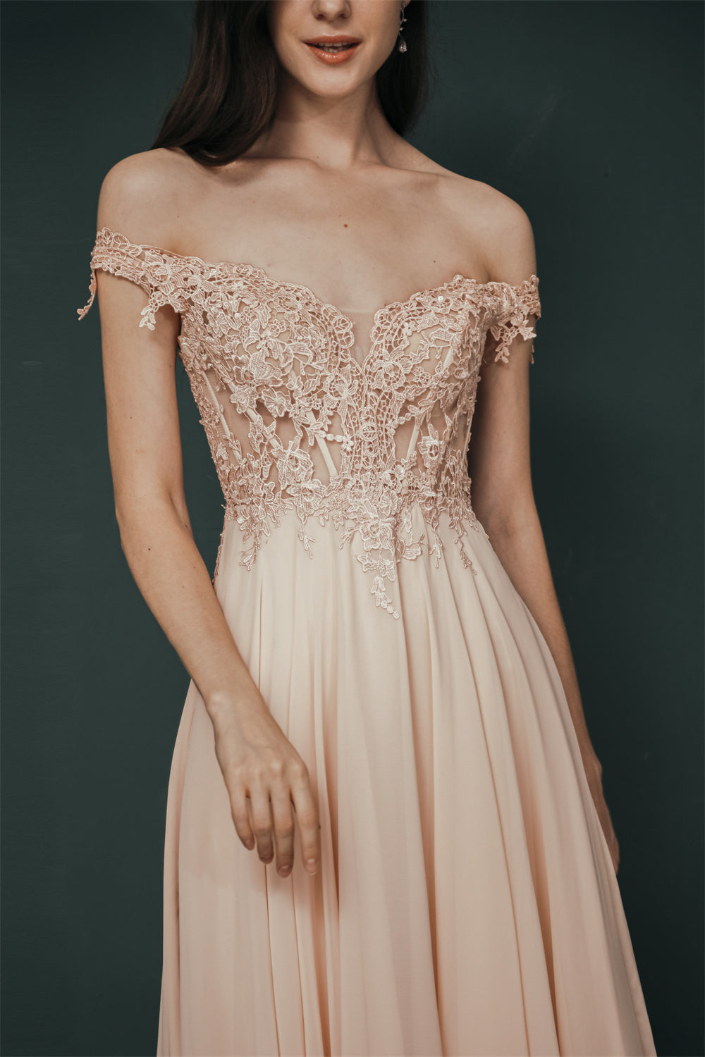 Pink Lace-up Off-the-shoulder Chiffon Formal Dress-showprettydress