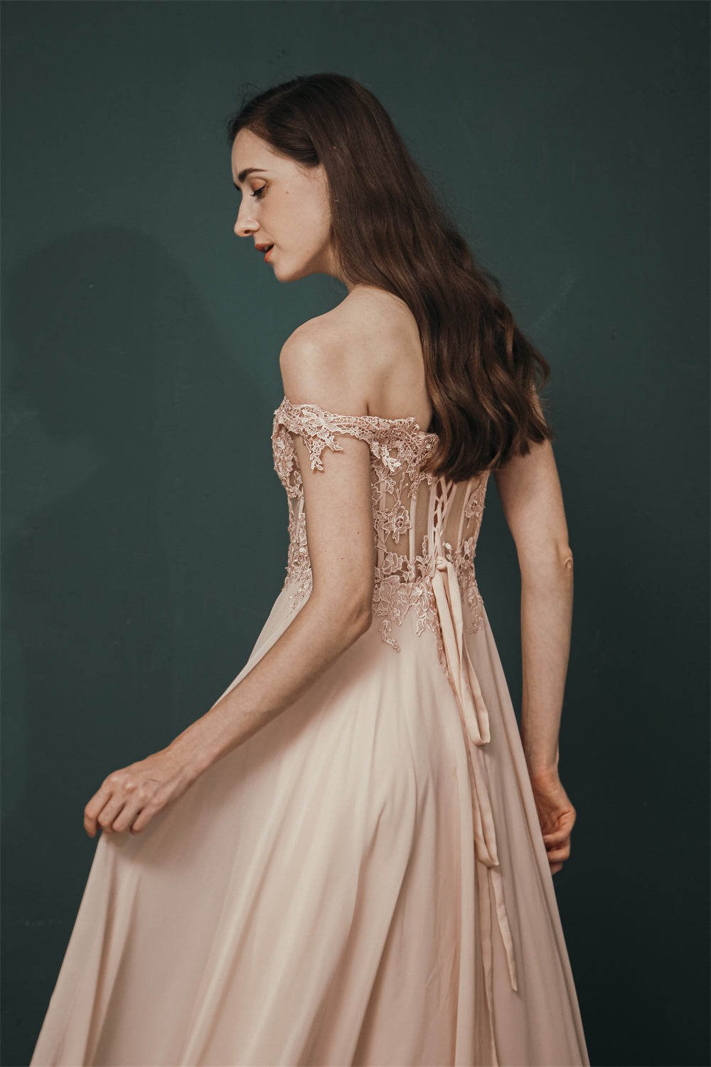 Pink Lace-up Off-the-shoulder Chiffon Formal Dress-showprettydress