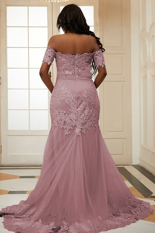 Pink Off Shoulder Tulle Appliques Side Slit Bespoke Prom Dresses-showprettydress