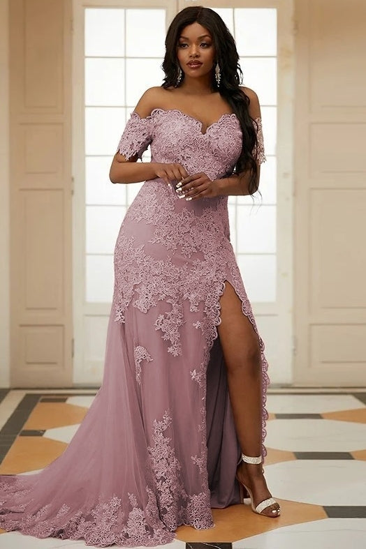 Pink Off Shoulder Tulle Appliques Side Slit Bespoke Prom Dresses-showprettydress