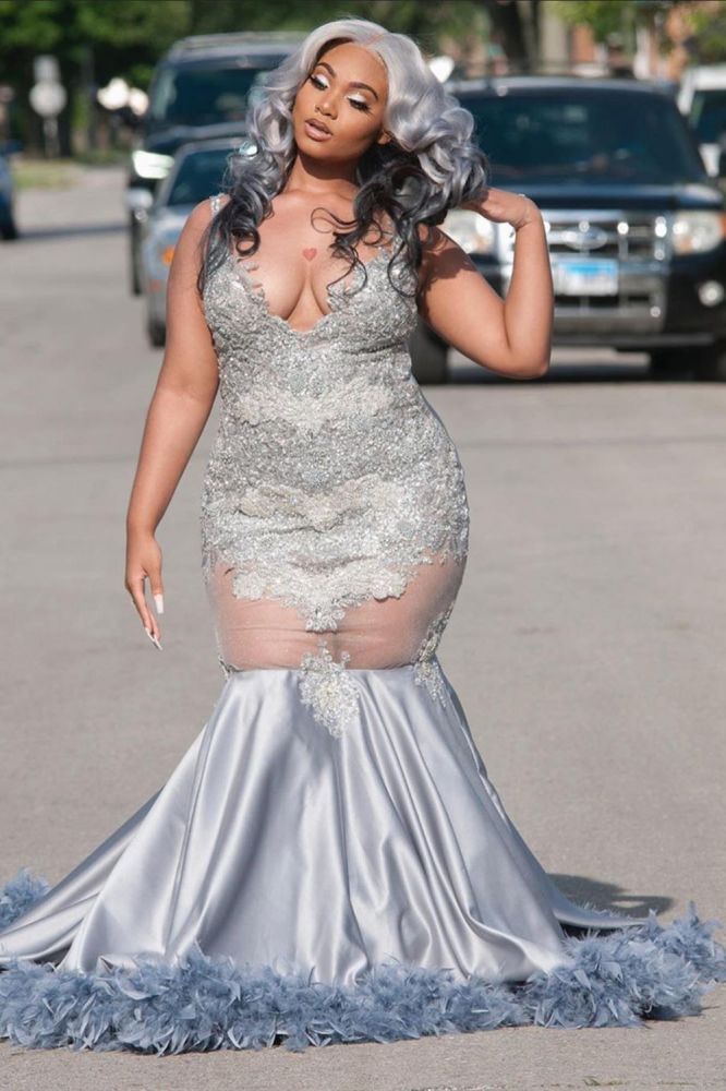 Plus Size Appliques Mermaid Prom Party GownsFloor Length Feather Train V-Neck-showprettydress