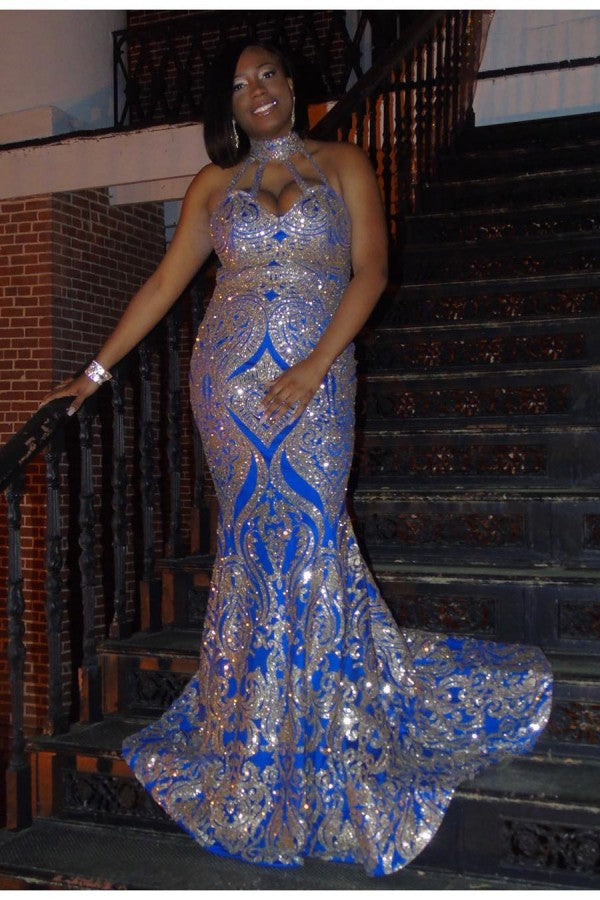 Plus Size Halter Sequins Appliques Long Mermaid Prom Dresses-showprettydress