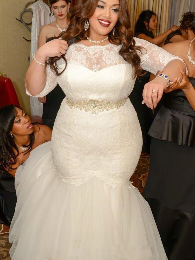 Plus Size Long Mermaid Tulle Lace Wedding Dresses with Sleeves Plus Size Long Mermaid Tulle Lace Wedding Dresses with Sleeves