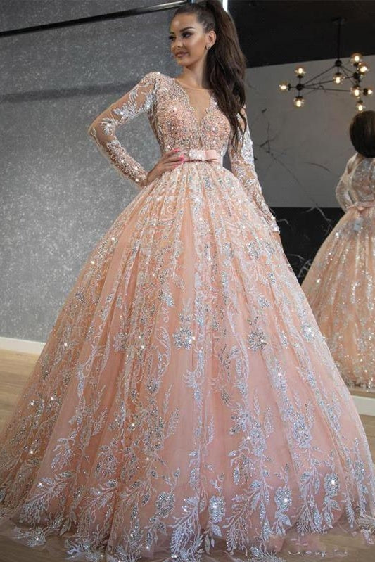 Princess Pink Long Sleevess A line High waist Lace Belt Wedding Dress Princess Pink Long Sleevess A line High waist Lace Belt Wedding Dress