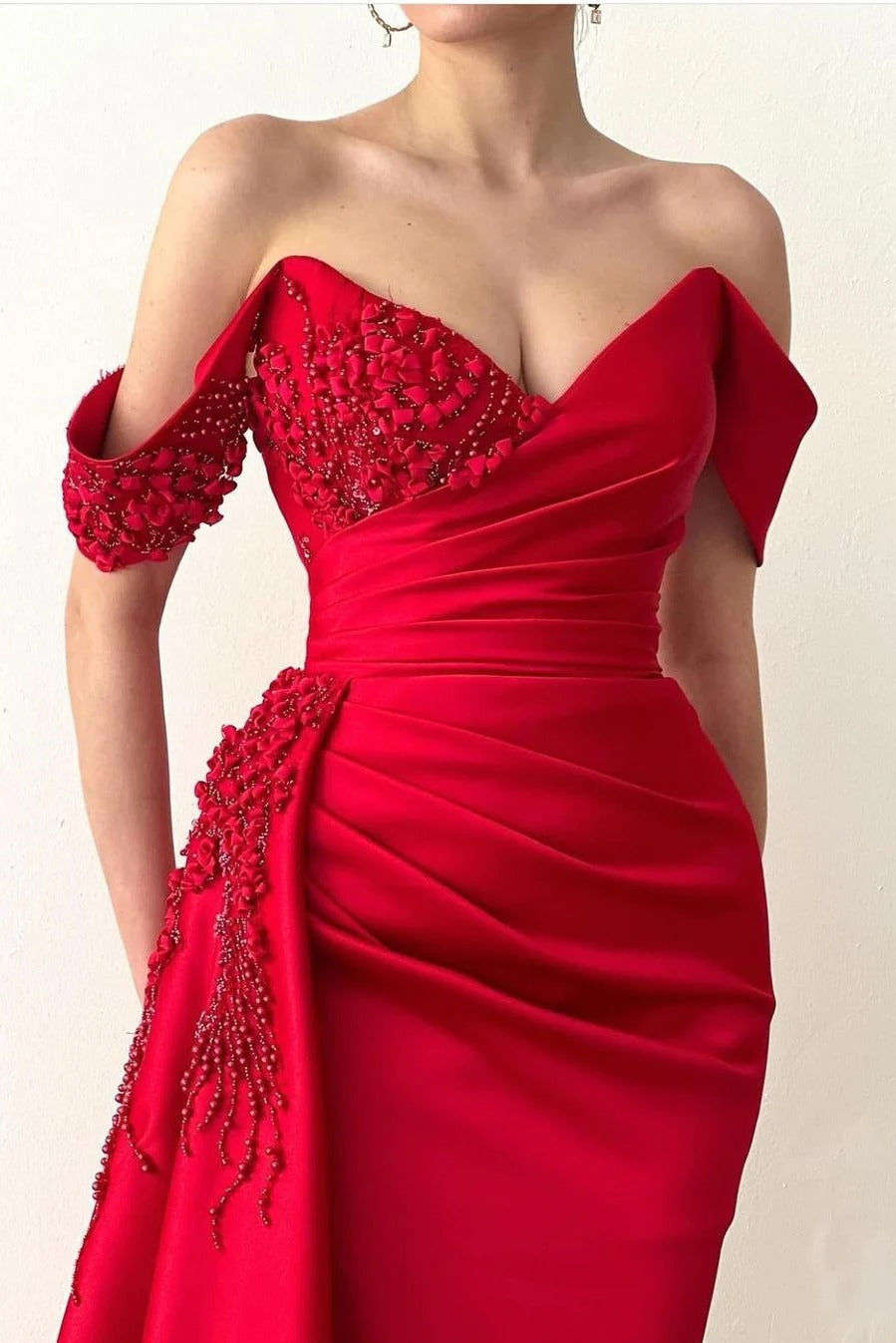Red Long Mermaid Off the Shoulder Satin Beaded Prom Dress With Half Train-showprettydress
