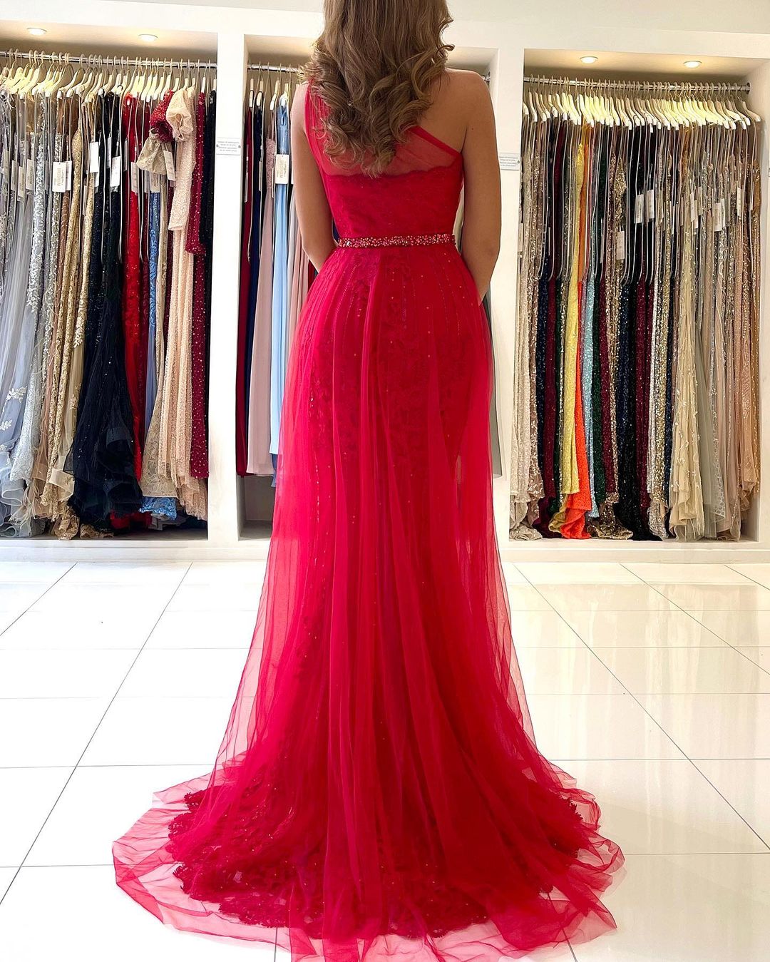 Red Long Mermaid One Shoulder Tulle Prom Dress Evening Gown With Slit-showprettydress