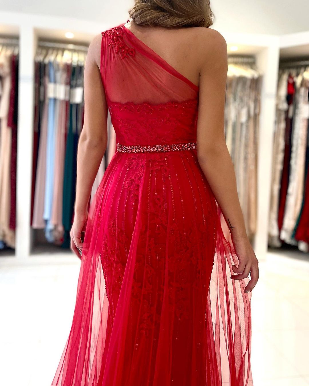 Red Long Mermaid One Shoulder Tulle Prom Dress Evening Gown With Slit-showprettydress