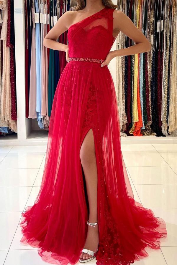 Red Long Mermaid One Shoulder Tulle Prom Dress Evening Gown With Slit-showprettydress