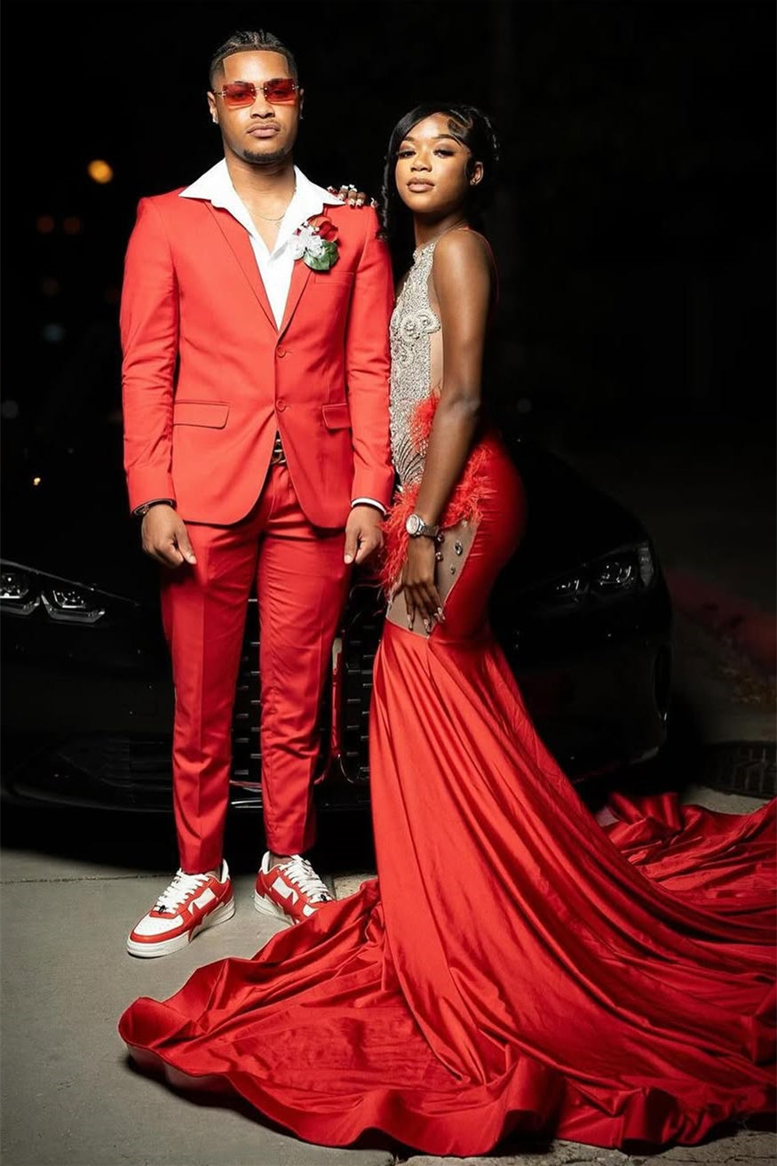 Red Silver Beaded Mermaid Sleeveless Long Mermaid Prom Dresses-Showprettydress