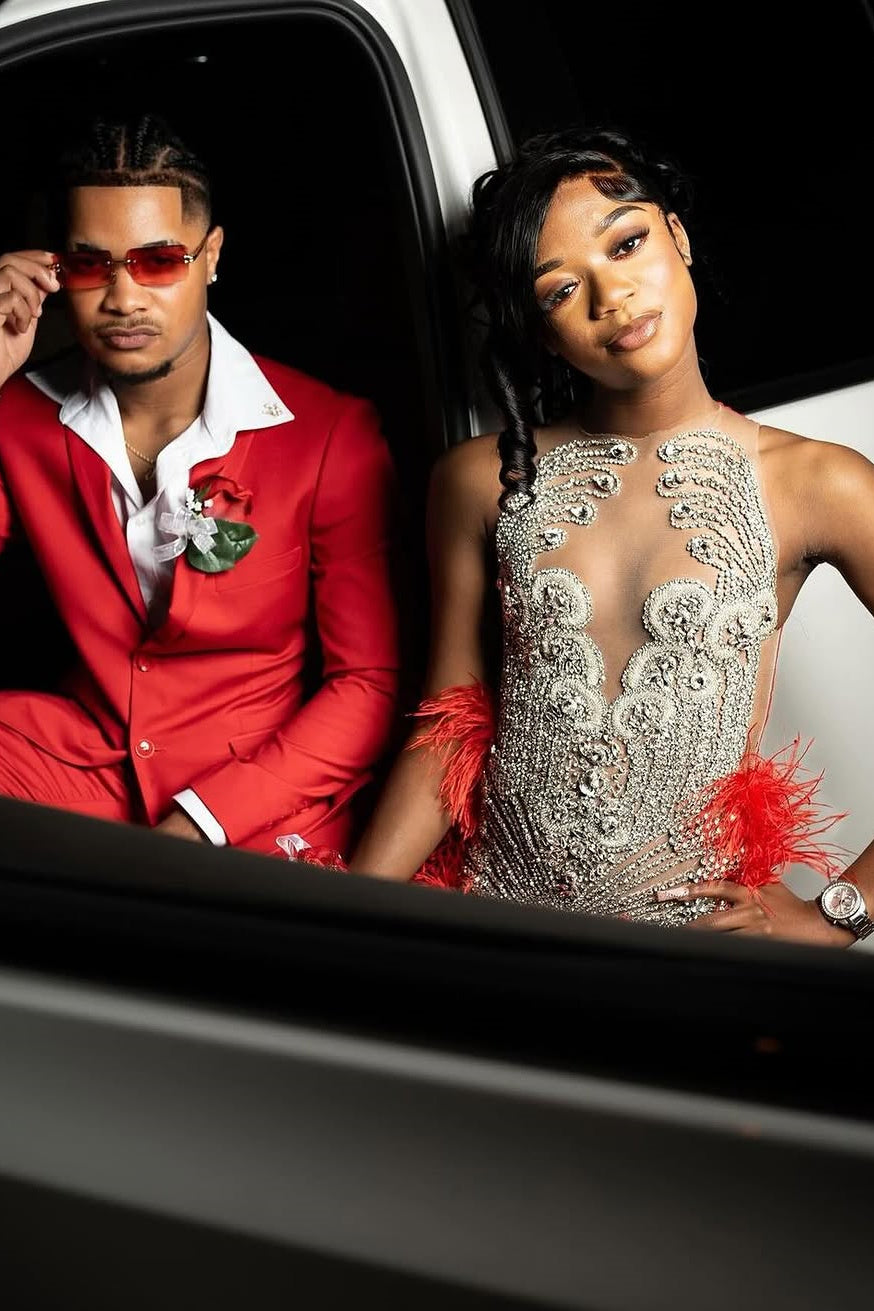 Red Silver Beaded Mermaid Sleeveless Long Mermaid Prom Dresses-Showprettydress