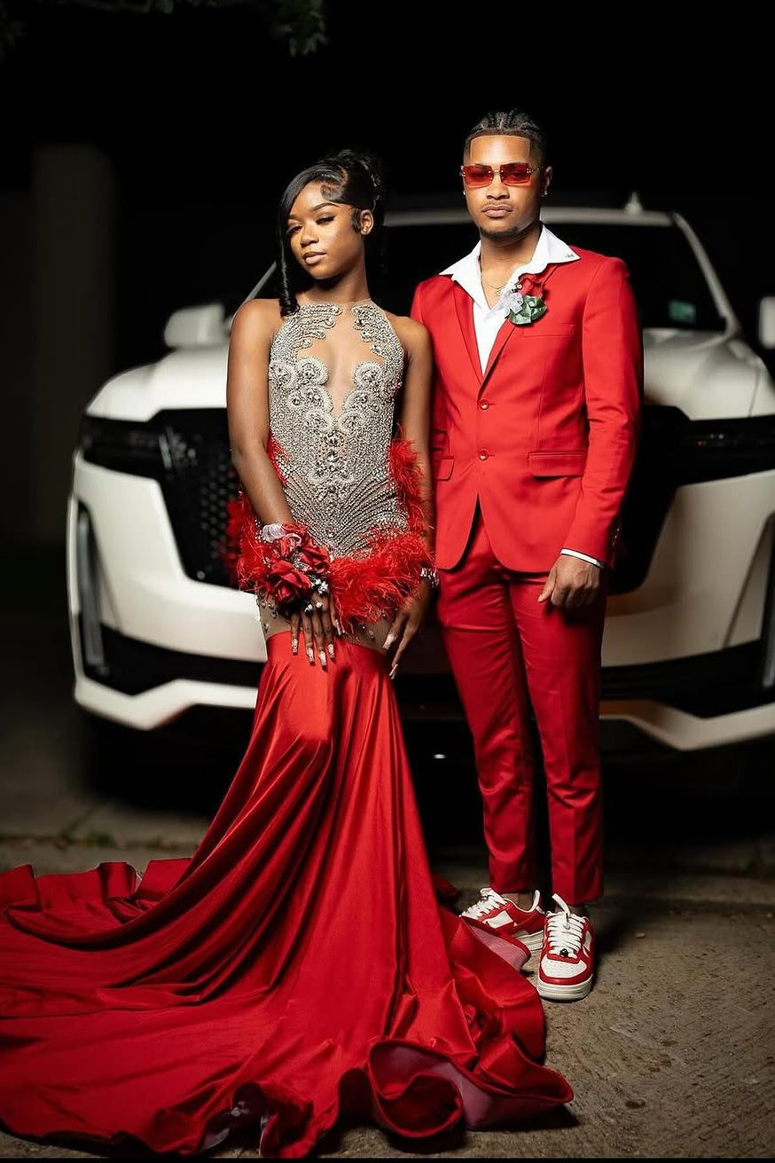 Red Silver Beaded Mermaid Sleeveless Long Mermaid Prom Dresses-Showprettydress