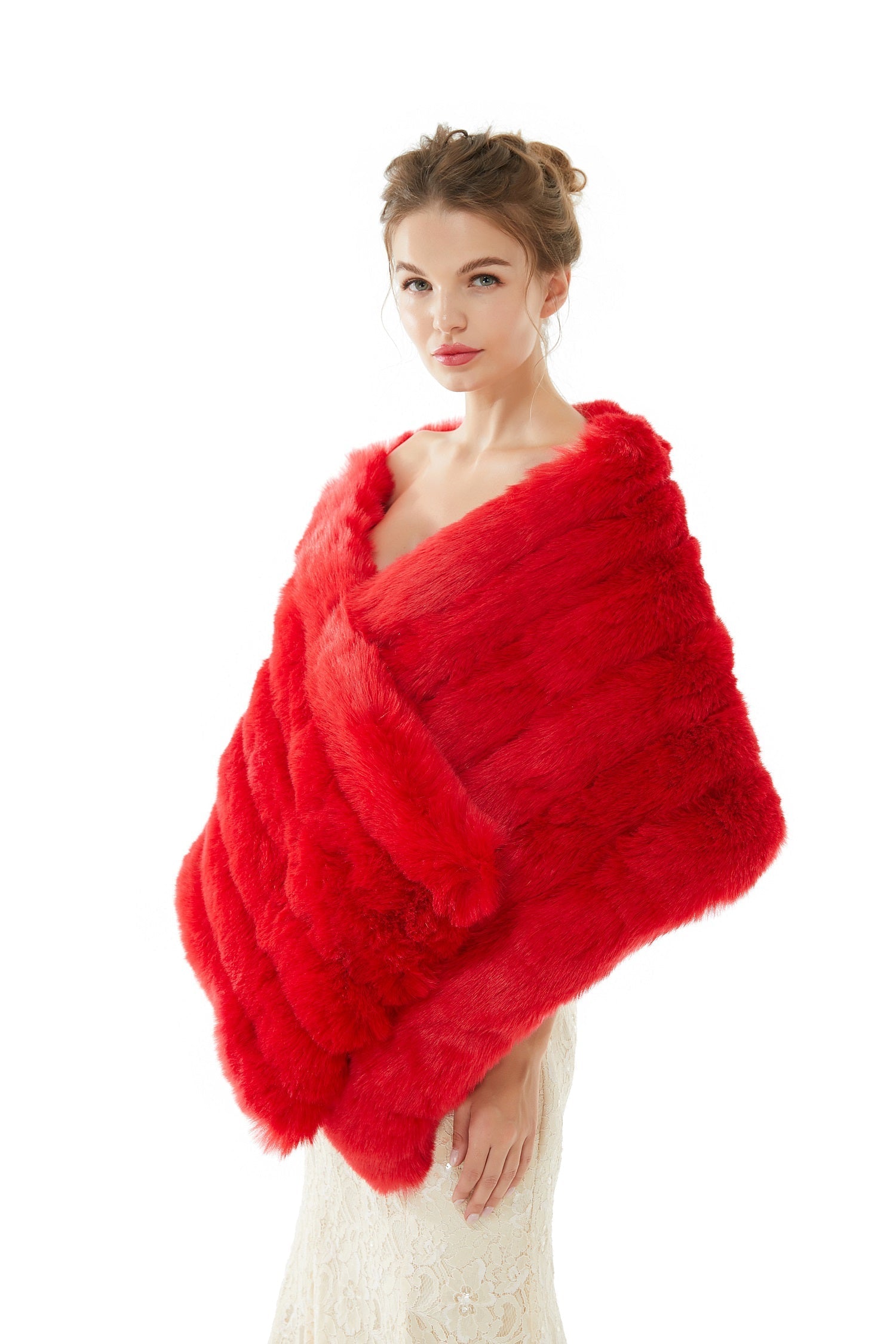 Red Wedding Shawl Faux Fur Stole Fluffy Bridal Wrap Shrug-showprettydress