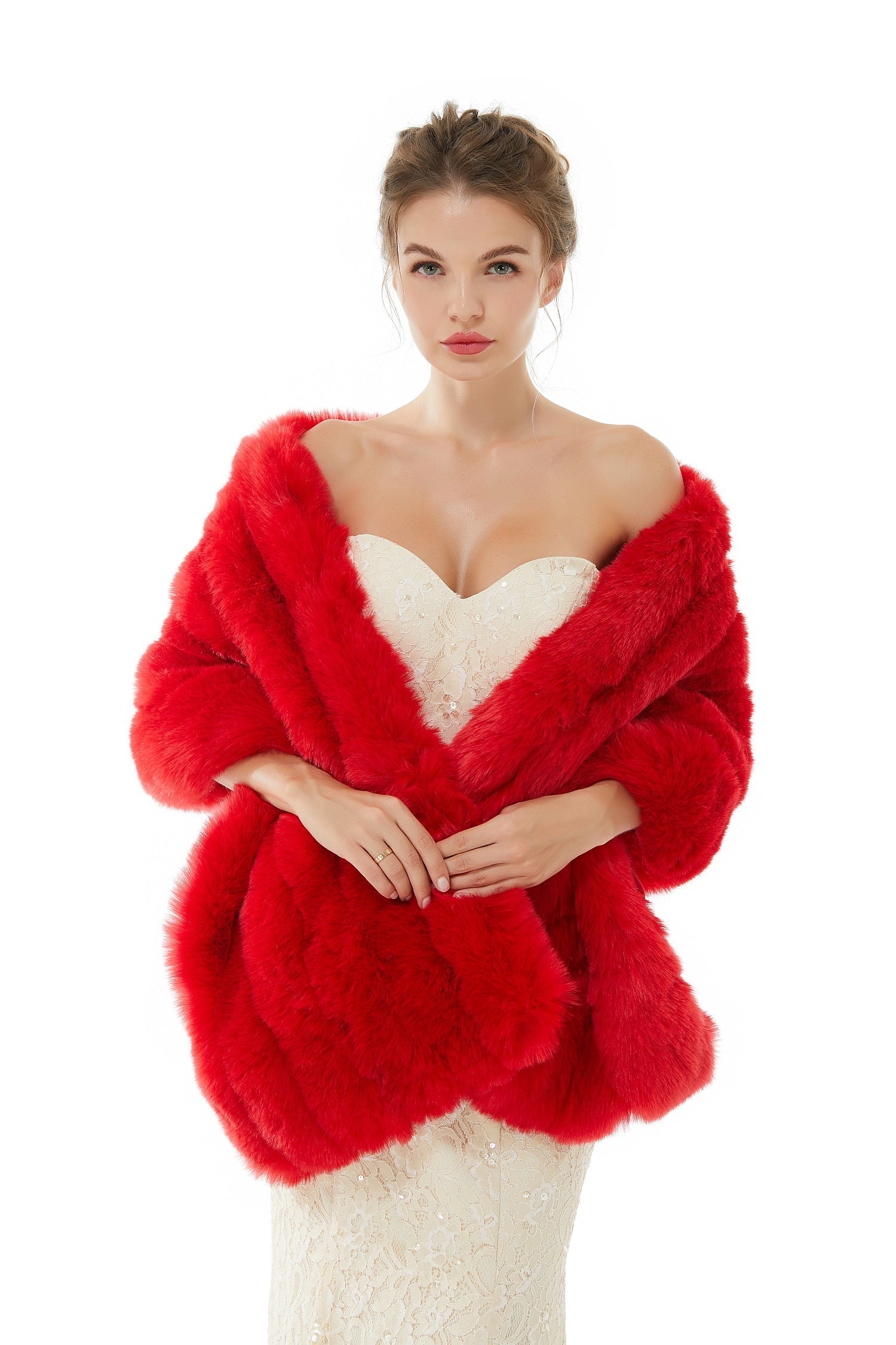 Red Wedding Shawl Faux Fur Stole Fluffy Bridal Wrap Shrug-showprettydress