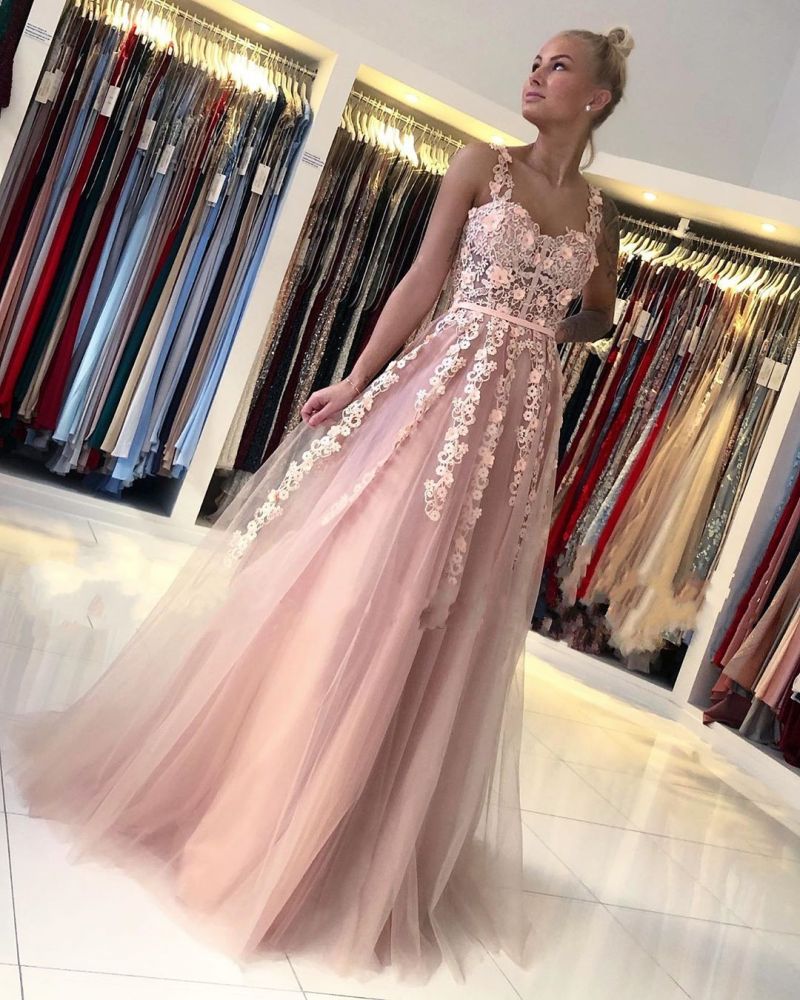 Romantic Dusty Pink Sleeveless Lace Straps A-line Evening Dress-showprettydress