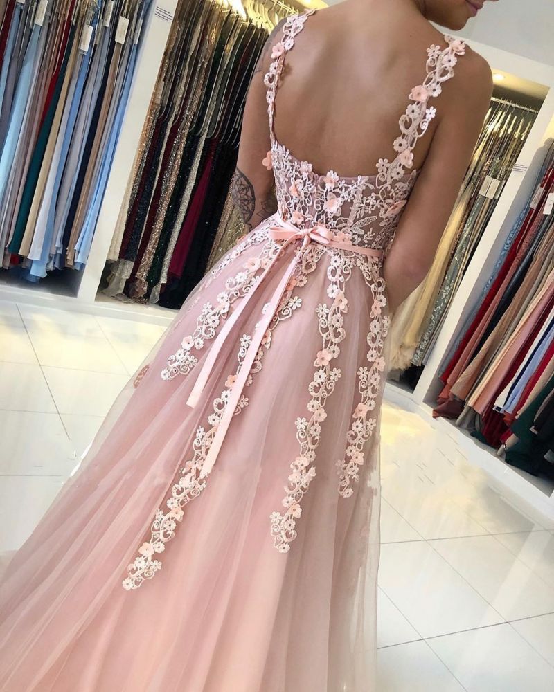 Romantic Dusty Pink Sleeveless Lace Straps A-line Evening Dress-showprettydress