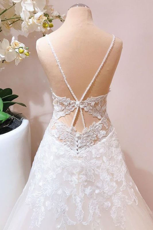 Romantic Long A-line Spaghetti Straps Appliques Lace Tulle Wedding Dress-showprettydress