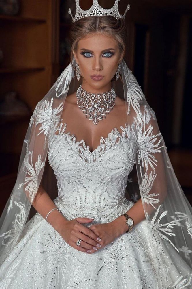 Romantic Sequined Pattern A line Wedding Dress V Neck Sleeveless Crystal Gowns-showprettydress