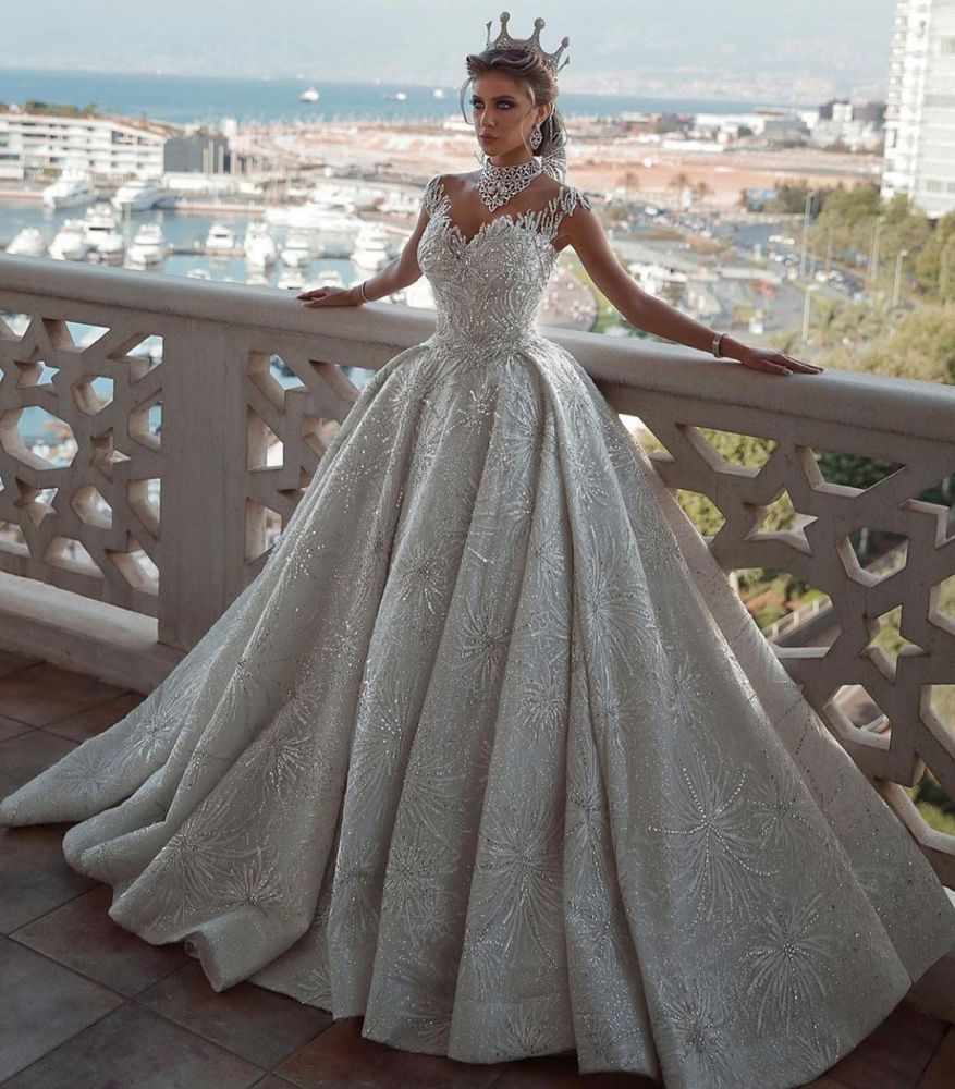 Romantic Sequined Pattern A line Wedding Dress V Neck Sleeveless Crystal Gowns-showprettydress