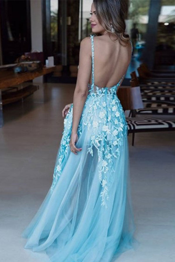 Romantic Sky Blue Deep V-neck A-line See-through Chic Backless Sleeveless Prom Party Gowns-showprettydress