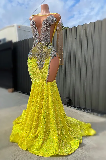 Round neck Silver Beaded Mermaid Yellow Sequin Prom Dresses-showprettydress