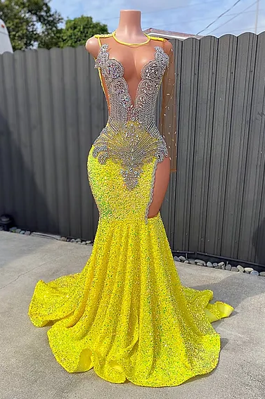 Round neck Silver Beaded Mermaid Yellow Sequin Prom Dresses-showprettydress